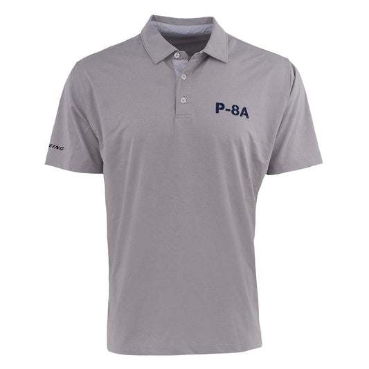 The BOEING P-8A Poseidon Series Men’s Polo is a light gray, short-sleeve shirt with a collar and three buttons, featuring dark blue P-8A on the left chest and Boeing on the sleeve. Moisture-wicking fabric keeps you cool.