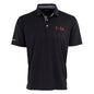 The Boeing T-7A Red Hawk Series Men’s Polo by BOEING is a black short-sleeve polo with a collar, three buttons, “T-7A” in red on the left chest, “Boeing” on the right sleeve, UPF 50 sun protection, and a subtle textured pattern.