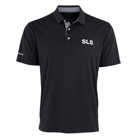 The Boeing Space Launch System Series Men’s Polo by BOEING is a black, short-sleeve shirt with UPF 50 sun protection, moisture-wicking fabric, a collar and three buttons. SLS is embroidered in white on the chest with a small logo on the sleeve.
