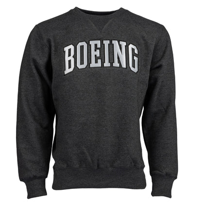 Adult crewneck sweater in heather charcoal color.  Silver Boeing varsity logo across the chest.