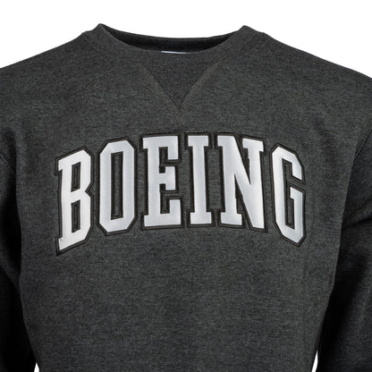 Close up image of the adult crewneck sweater in heather charcoal color.  Silver Boeing varsity logo across the chest.