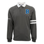 The Boeing Men's Varsity Rugby Polo by BOEING is a dark gray long sleeve 100% cotton jersey shirt with a white collar, two white stripes on the right sleeve, a blue "B" patch, and "Boeing" on the left sleeve.