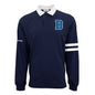 The Boeing Men’s Varsity Rugby Polo by BOEING is 100% cotton jersey in navy, with a white collar, two white stripes on the right sleeve, bold blue “B” on the chest, and Boeing text running along the right sleeve.