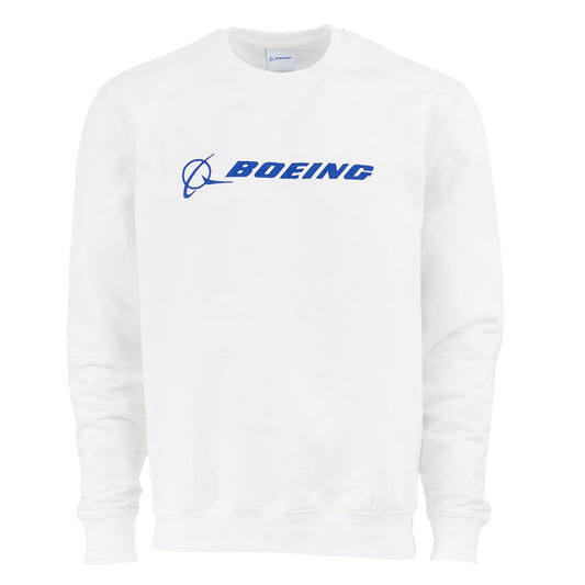 The Boeing Signature Logo Unisex College Crewneck Sweatshirt by BOEING features a plain white design, long sleeves, and the classic blue Boeing logo and text across the chest.