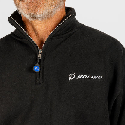 A man with a grey beard wears a Boeing Unisex Ultra Soft Quarter-Zip by BOEING in black, featuring the logo and a blue circular pin on the zipper; only his lower face, neck, and upper torso are visible.