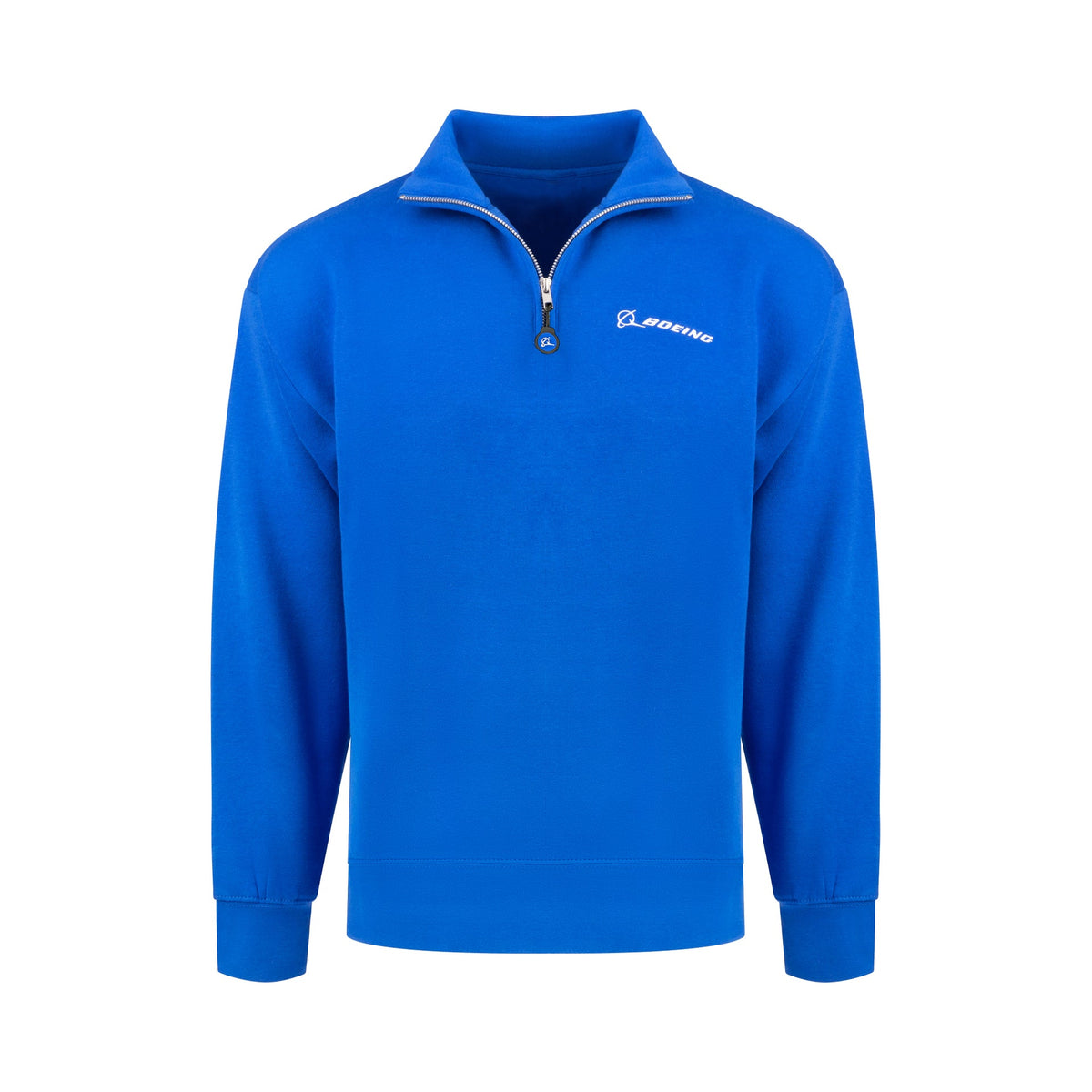 The Boeing Unisex Ultra Soft Quarter-Zip by BOEING features bright blue fleece, long sleeves, ribbed cuffs and hem, a stand-up collar, and a small white Boeing logo on the left chest.