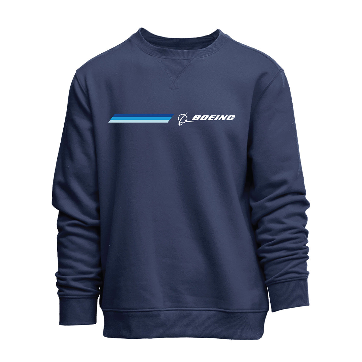 The Boeing Unisex Signature Logo Stripe Crewneck Sweatshirt by BOEING features the iconic logo and bold blue stripe graphic, making it a classic choice for aviation enthusiasts.