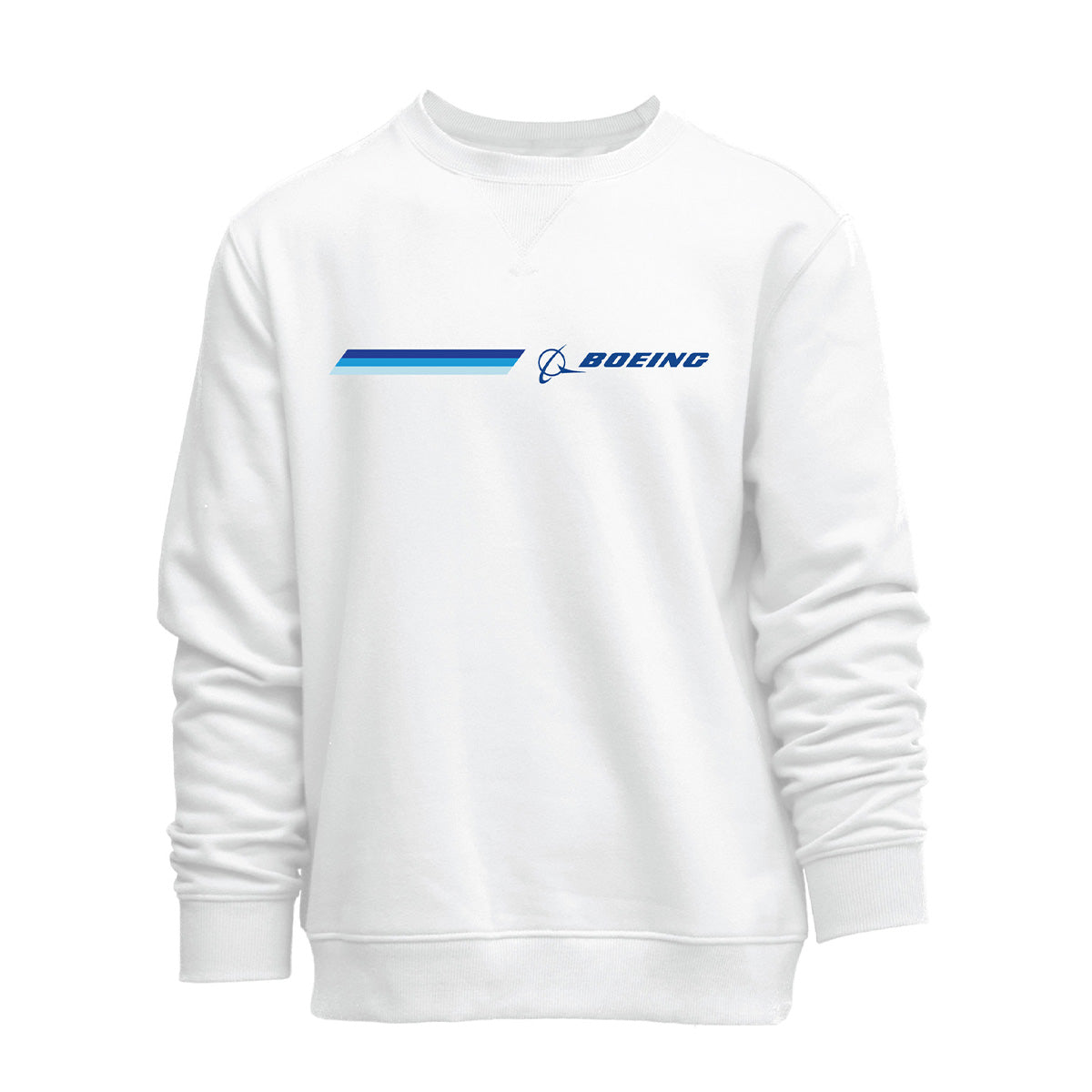 The Boeing Unisex Signature Logo Stripe Crewneck Sweatshirt by BOEING features a white design with a blue logo and horizontal stripe on the upper left chest, offering simple, versatile unisex style.