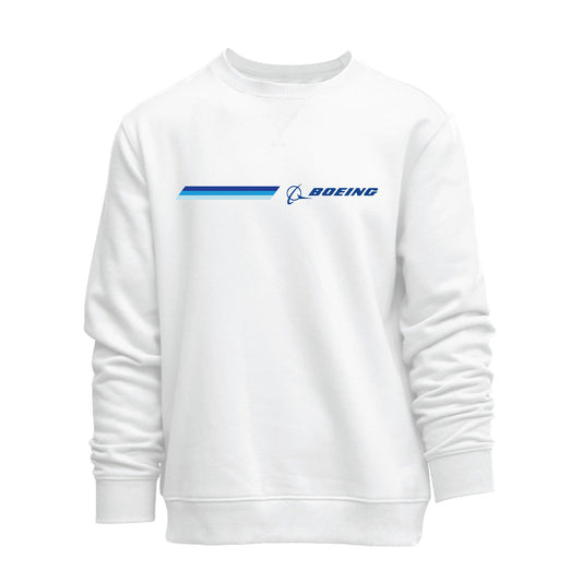 The Boeing Unisex Signature Logo Stripe Crewneck Sweatshirt by BOEING features a white design with a blue logo and horizontal stripe on the upper left chest, offering simple, versatile unisex style.