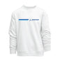The Boeing Unisex Signature Logo Stripe Crewneck Sweatshirt by BOEING features a white design with a blue logo and horizontal stripe on the upper left chest, offering simple, versatile unisex style.