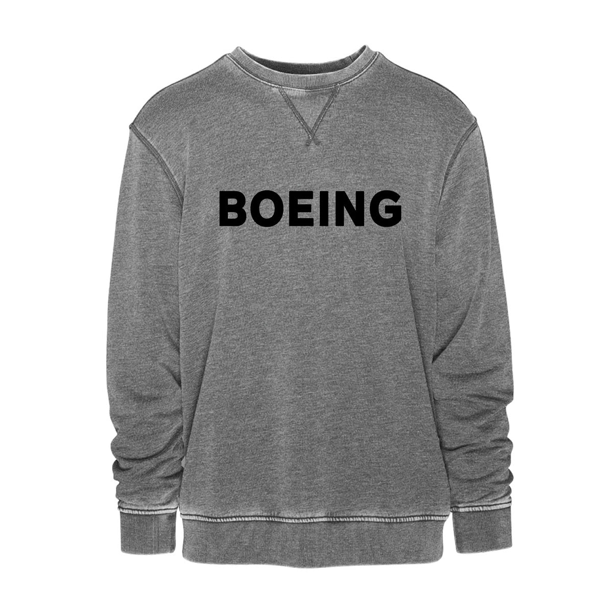 The Boeing Unisex Vintage Crewneck Sweatshirt by BOEING features bold black branding on gray, visible seams, and a relaxed fit for comfortable everyday wear.