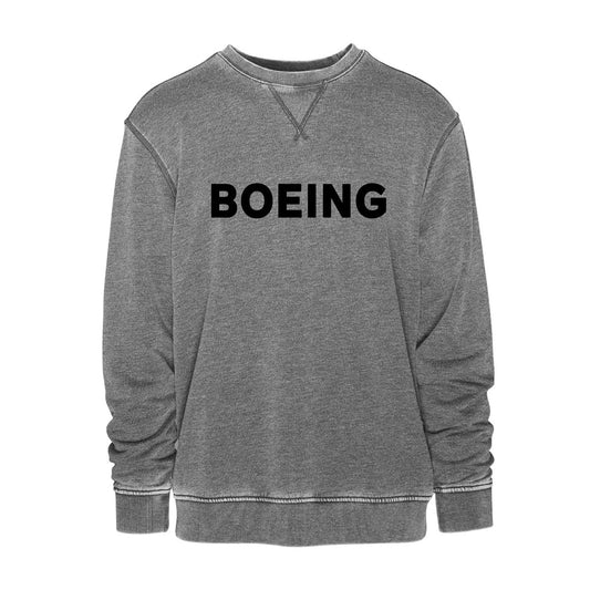 The Boeing Unisex Vintage Crewneck Sweatshirt by BOEING features bold black branding on gray, visible seams, and a relaxed fit for comfortable everyday wear.