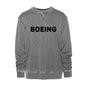 The Boeing Unisex Vintage Crewneck Sweatshirt by BOEING features bold black branding on gray, visible seams, and a relaxed fit for comfortable everyday wear.