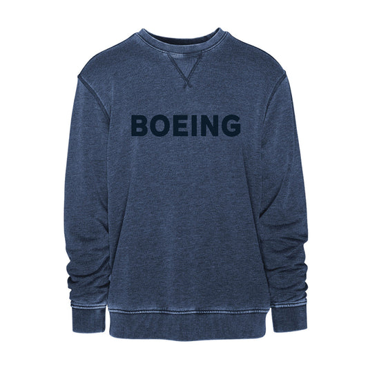The Boeing Unisex Vintage Crewneck Sweatshirt features visible stitching, a blue color, and bold black BOEING lettering across the chest.