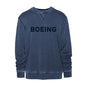 The Boeing Unisex Vintage Crewneck Sweatshirt features visible stitching, a blue color, and bold black BOEING lettering across the chest.