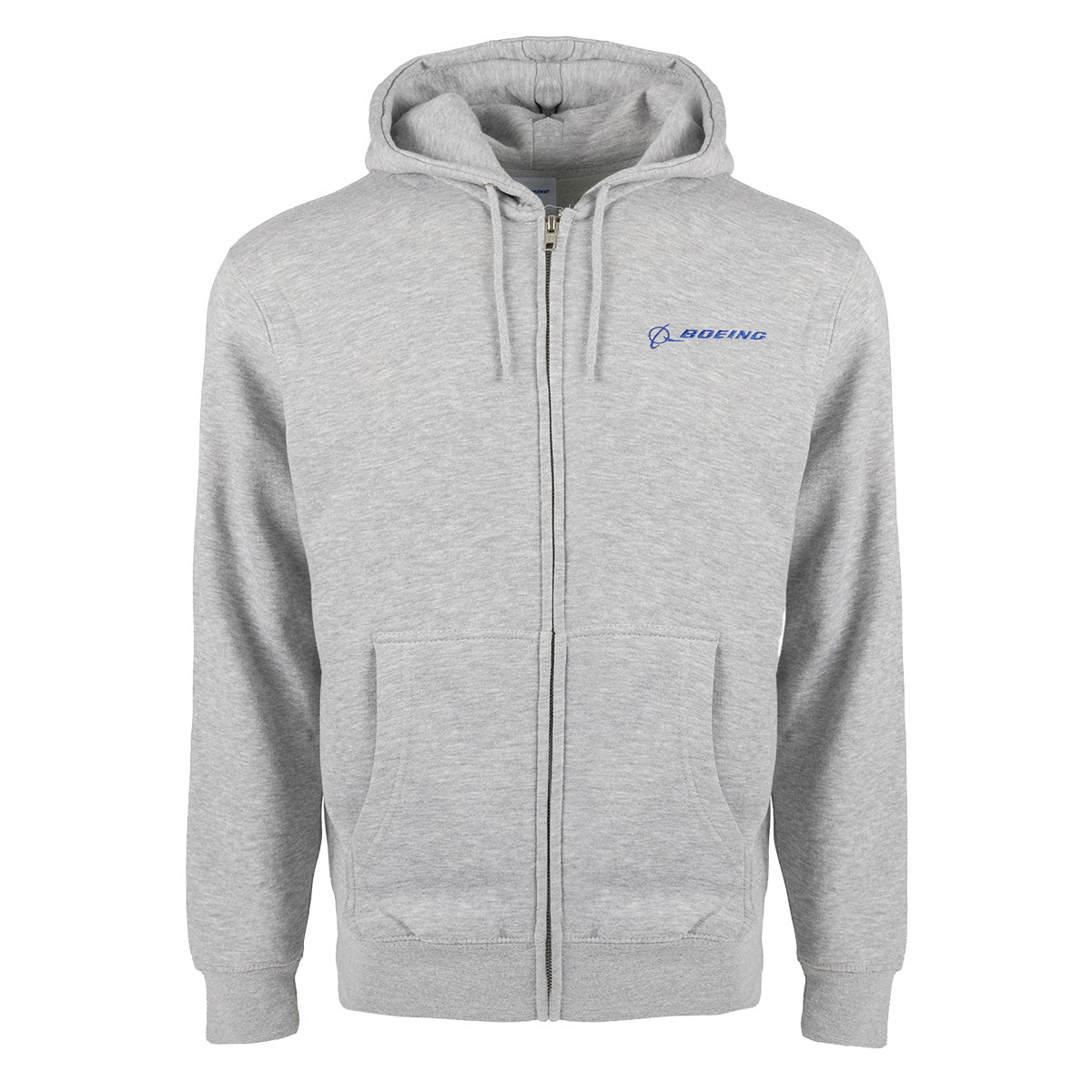 The Boeing Signature Logo Unisex Premium Full-Zip Hoodie by BOEING is a light grey, long-sleeved hooded sweatshirt featuring a drawstring hood and two front pockets. This relaxed fit hoodie showcases a small, blue embroidered Boeing logo on the upper left chest. Made from soft fleece fabric, the garment is displayed against a plain white background.