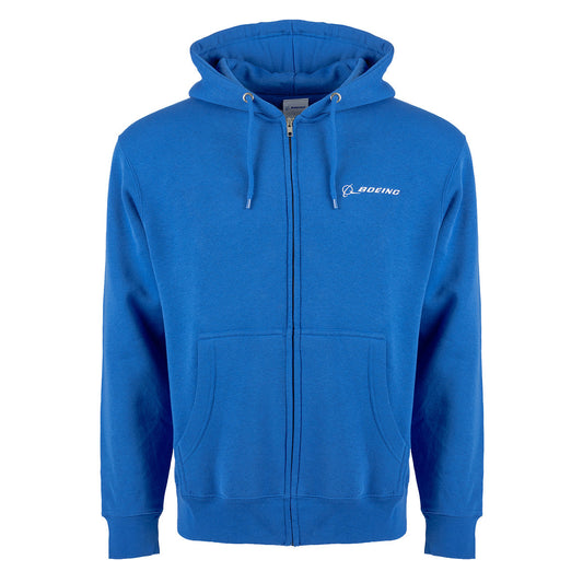 Introducing the Boeing Signature Logo Unisex Premium Full-Zip Hoodie by BOEING, featuring a bright blue color, relaxed fit, front pockets, adjustable hood with drawstrings, and the signature Boeing logo in white on the left chest. Made from soft fleece for ultimate comfort, this premium hoodie is showcased against a plain white background.