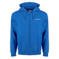 Introducing the Boeing Signature Logo Unisex Premium Full-Zip Hoodie by BOEING, featuring a bright blue color, relaxed fit, front pockets, adjustable hood with drawstrings, and the signature Boeing logo in white on the left chest. Made from soft fleece for ultimate comfort, this premium hoodie is showcased against a plain white background.