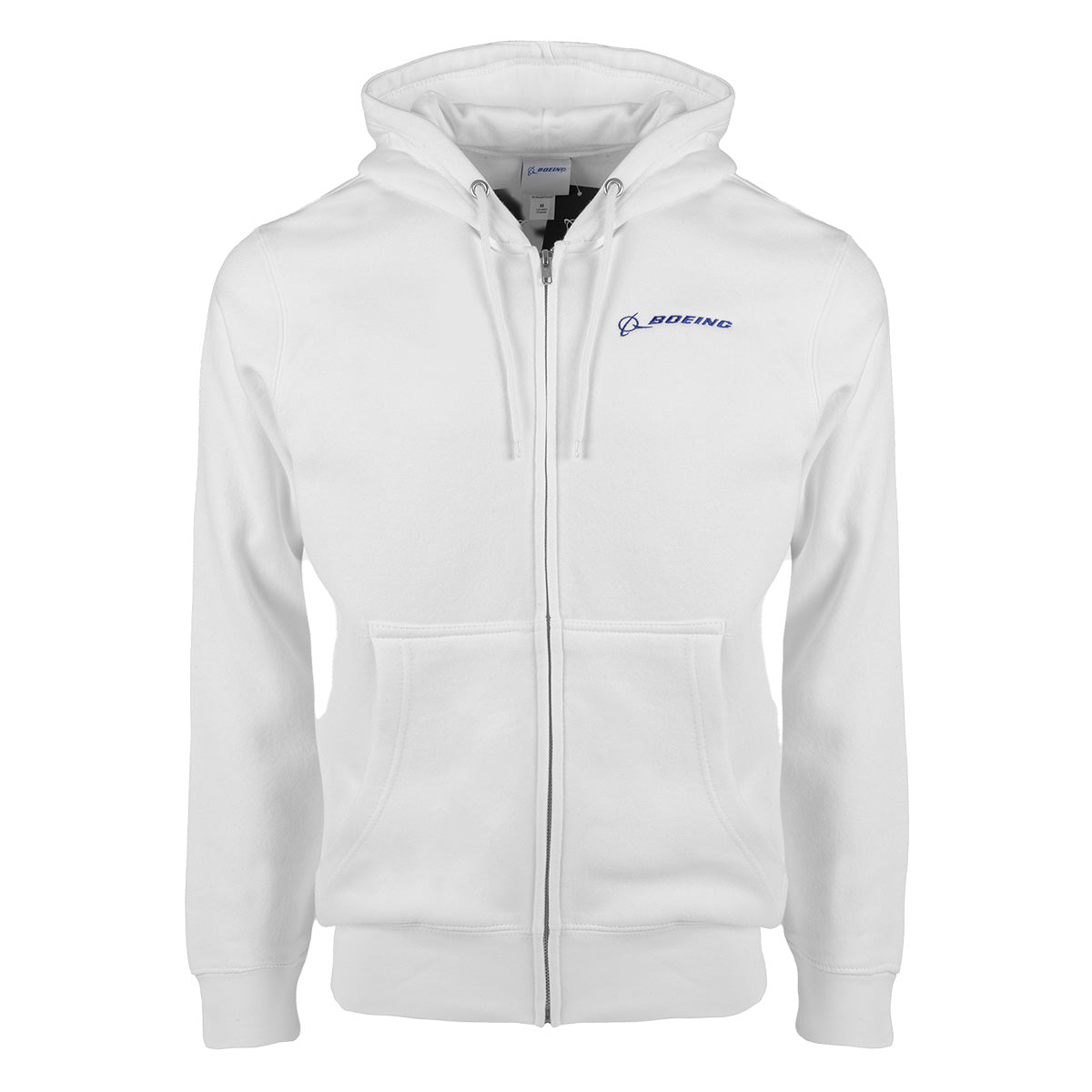 The Boeing Signature Logo Unisex Premium Full-Zip Hoodie by BOEING is a relaxed fit, white zip-up hoodie crafted from soft fleece material. It features convenient front pockets, a drawstring hood for enhanced comfort and style, and a small blue Boeing logo on the upper left chest.