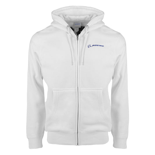The Boeing Signature Logo Unisex Premium Full-Zip Hoodie by BOEING is a relaxed fit, white zip-up hoodie crafted from soft fleece material. It features convenient front pockets, a drawstring hood for enhanced comfort and style, and a small blue Boeing logo on the upper left chest.