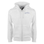 The Boeing Signature Logo Unisex Premium Full-Zip Hoodie by BOEING is a relaxed fit, white zip-up hoodie crafted from soft fleece material. It features convenient front pockets, a drawstring hood for enhanced comfort and style, and a small blue Boeing logo on the upper left chest.