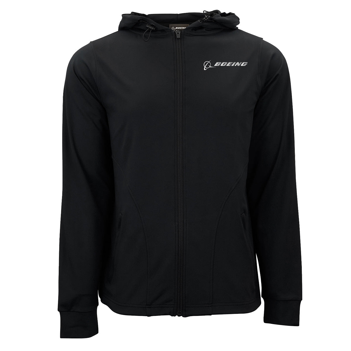 BOEING Signature Men's Reflective Jacket featuring a hood, long sleeves, and the Boeing logo in white on the left chest. Designed for professional-grade performance, this sleek jacket delivers comfort and style for any occasion.