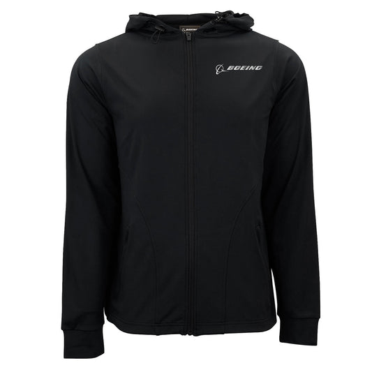 BOEING Signature Men's Reflective Jacket featuring a hood, long sleeves, and the Boeing logo in white on the left chest. Designed for professional-grade performance, this sleek jacket delivers comfort and style for any occasion.