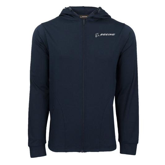 A navy blue Boeing Signature Men's Reflective Jacket by BOEING, featuring a zip-up front, hood, long sleeves, and a small white Boeing logo on the left chest. This professional-grade jacket has a plain design with no additional patterns or graphics.