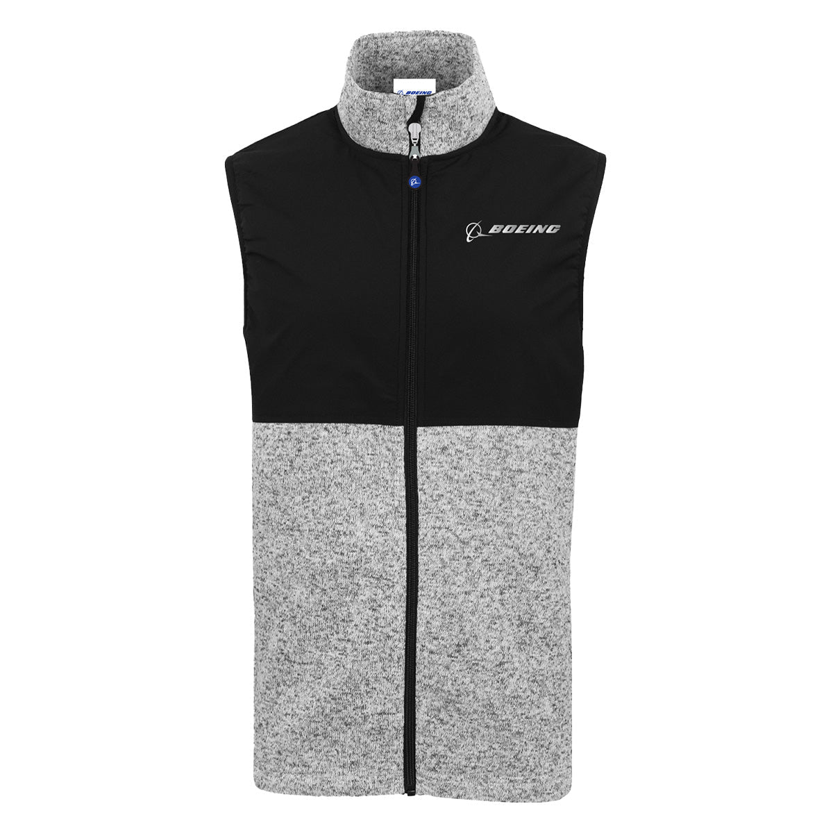 The Boeing Signature Men's Color Block Vest by BOEING features a sleeveless zip-up design with a black upper section and a light gray lower section. Highlighting the Boeing logo on the left chest, this fleece vest includes a high collar design and is shown against a white background.