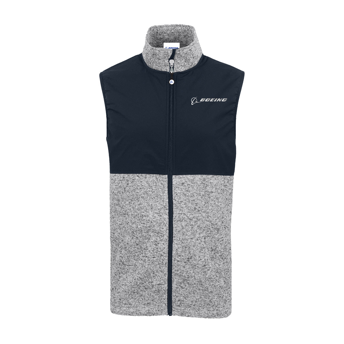 Introducing the Boeing Signature Men's Color Block Vest by BOEING, a stylish fleece vest featuring a heather gray lower half and solid navy upper half. This vest includes a front zipper, high collar, and displays the Boeing logo on the left chest.