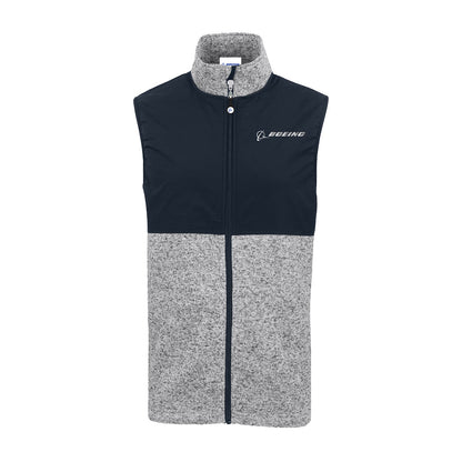 Introducing the Boeing Signature Men's Color Block Vest by BOEING, a stylish fleece vest featuring a heather gray lower half and solid navy upper half. This vest includes a front zipper, high collar, and displays the Boeing logo on the left chest.