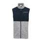 Introducing the Boeing Signature Men's Color Block Vest by BOEING, a stylish fleece vest featuring a heather gray lower half and solid navy upper half. This vest includes a front zipper, high collar, and displays the Boeing logo on the left chest.