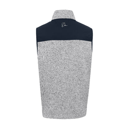 Back view of the Boeing Signature Men's Color Block Vest by BOEING, featuring a sleeveless gray design with a dark navy yoke and a small embroidered logo below the collar. This fleece vest offers a textured fabric appearance and is finished with a high collar.