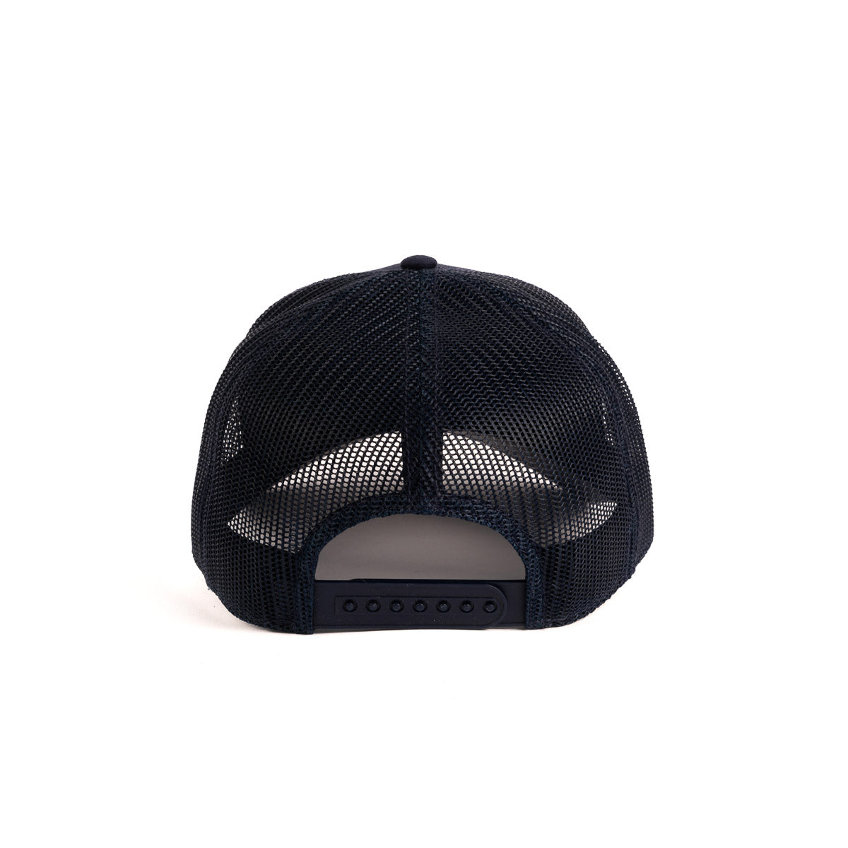 The Boeing Stores Boeing Vintage 747 Incredibles Hat is featured from the back, highlighting its adjustable snap closure. This black mesh trucker cap sports a curved brim and breathable design, complete with a vintage logo patch emblematic of the iconic Boeing 747 Incredibles.