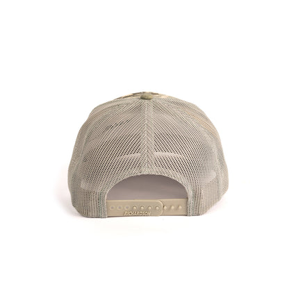 The Boeing Stores Signature Logo Digital Camo Trucker Hat features a light grey mesh design with an adjustable snapback closure, shown from the back.