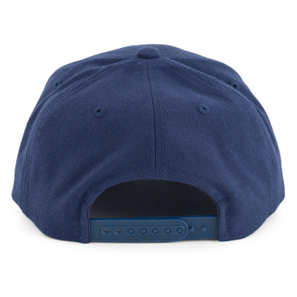 The Boeing Store’s Boeing Varsity Snapback Hat in navy blue is shown from the back, highlighting its classic curved shape and adjustable snapback closure with multiple holes—an aviation-inspired accessory.