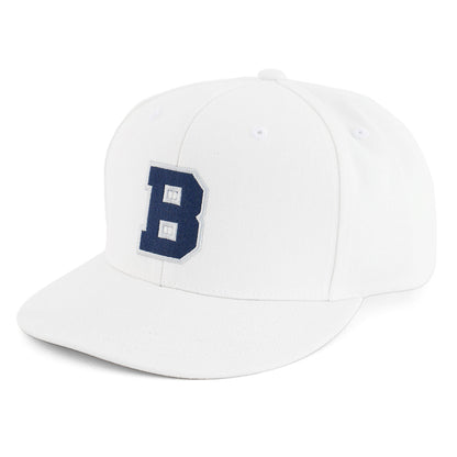 The Boeing Varsity Snapback Hat by The Boeing Store features a white design with a bold dark blue B embroidered on the front—an ideal accessory for aviation and Boeing fans.