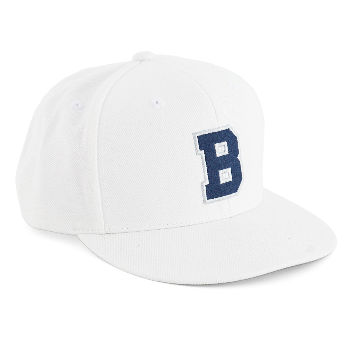The Boeing Stores Boeing Varsity Snapback Hat features a white design with a bold navy blue letter B outlined in white—ideal for aviation enthusiasts and Boeing fans.