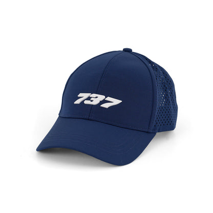 The BOEING 737 Series Hat is a navy blue baseball cap with a white 3D 737 logo on the front, a curved brim, and perforated side panels for ventilation.