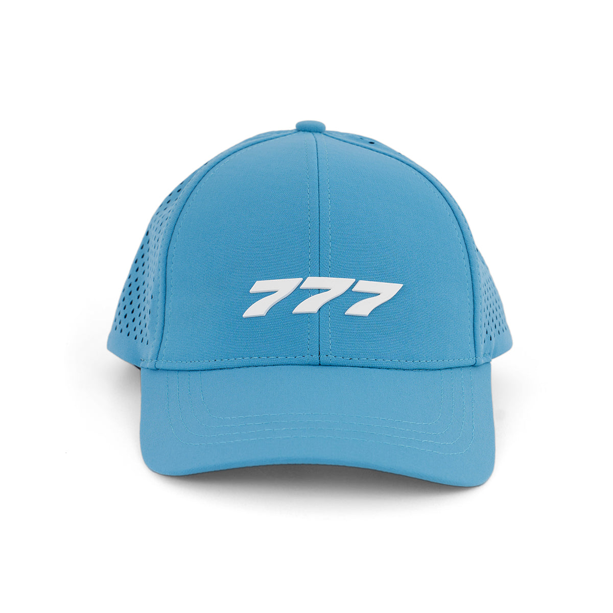 The BOEING 777 Series Hat is blue with a striking white 3D 777 logo on the front and ventilated perforated sides, shown against a white background.