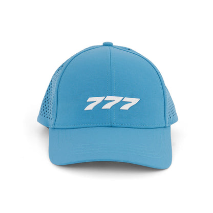 The BOEING 777 Series Hat is blue with a striking white 3D 777 logo on the front and ventilated perforated sides, shown against a white background.