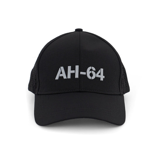 The BOEING AH-64 Apache Series Hat is a black cap with “AH-64” in bold white letters on the front, inspired by the legendary aircraft. It features an adjustable Velcro closure and is shown against a plain white background.