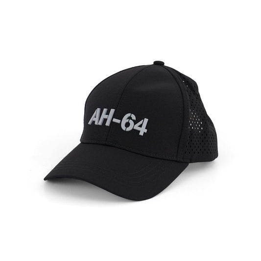 The Boeing AH-64 Apache Series Hat by BOEING is a black cap with AH-64 in large white letters on the front, featuring a curved brim, ventilated mesh panels, and a perforated design for breathability and comfort.