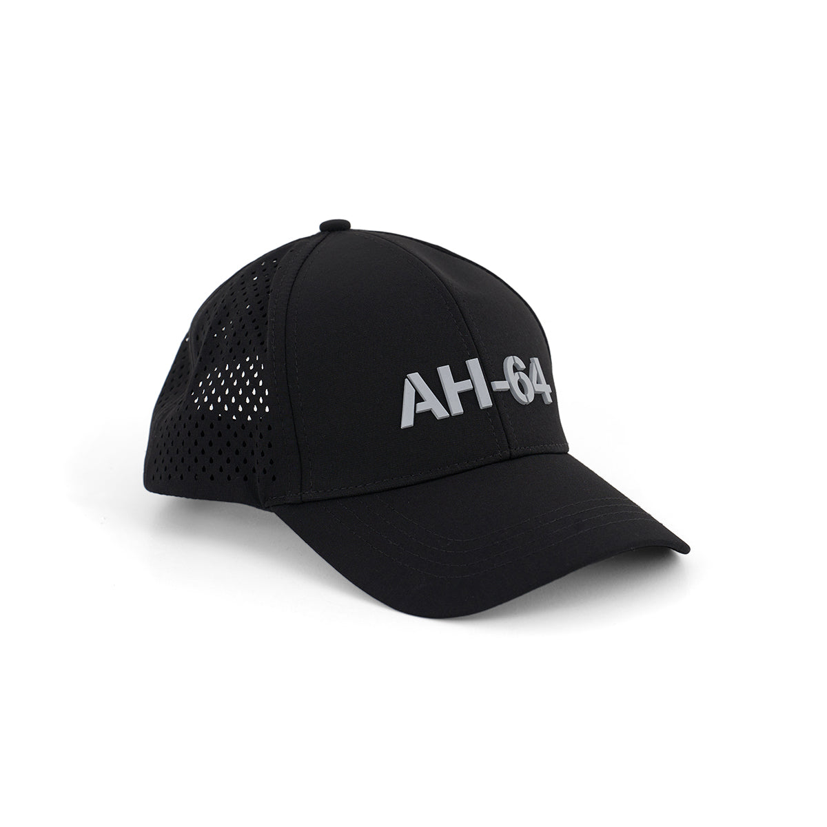 The BOEING AH-64 Apache Series Hat is a black cap featuring side panel perforations and bold gray AH-64 lettering on the front, inspired by the legendary AH-64 aircraft.