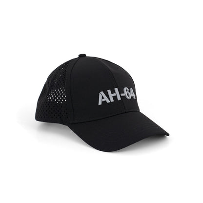 The BOEING AH-64 Apache Series Hat is a black cap featuring side panel perforations and bold gray AH-64 lettering on the front, inspired by the legendary AH-64 aircraft.