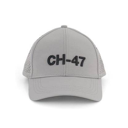 The Boeing CH-47 Chinook Series Hat by BOEING features bold black lettering on light gray, mesh sides, a curved brim, and an adjustable Velcro closure. Its textured surface gives a modern edge to this classic cap design.