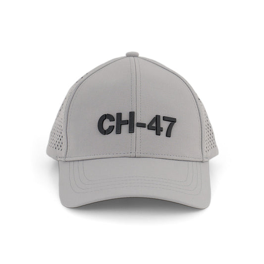 The Boeing CH-47 Chinook Series Hat by BOEING features bold black lettering on light gray, mesh sides, a curved brim, and an adjustable Velcro closure. Its textured surface gives a modern edge to this classic cap design.