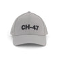 The Boeing CH-47 Chinook Series Hat by BOEING features bold black lettering on light gray, mesh sides, a curved brim, and an adjustable Velcro closure. Its textured surface gives a modern edge to this classic cap design.