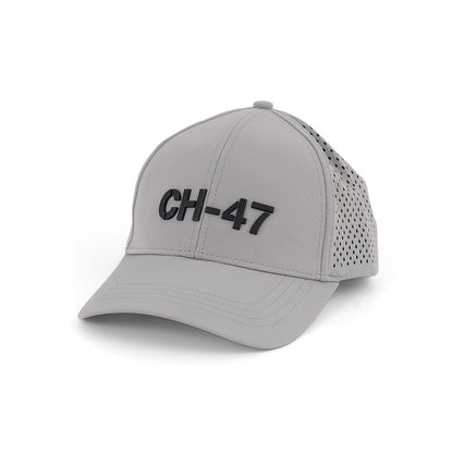 The Boeing CH-47 Chinook Series Hat by BOEING features bold black letters on light gray, a textured finish, side and back perforated panels, and an adjustable Velcro closure for a comfortable fit.
