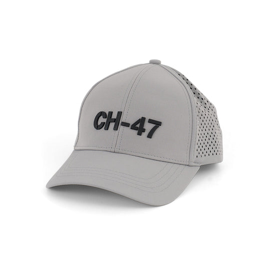 The Boeing CH-47 Chinook Series Hat by BOEING features bold black letters on light gray, a textured finish, side and back perforated panels, and an adjustable Velcro closure for a comfortable fit.
